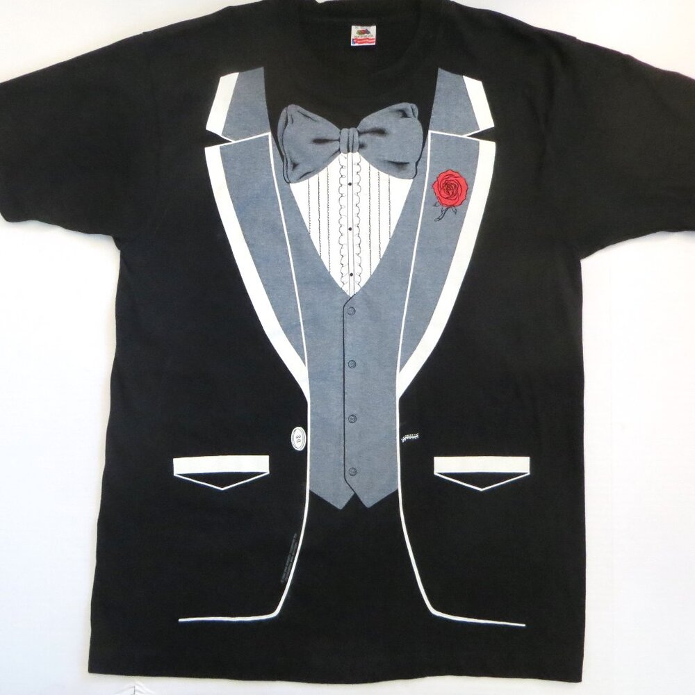 Vintage 80s single stitch Black Tuxedo Graphic Costume T Shirt size XL